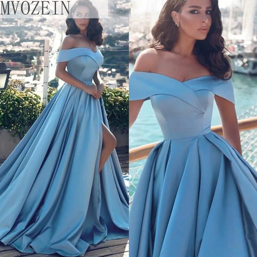 

Real Photos Blue Formal Evening Dresses Evening Gown Long Off The Shoulder Lady Girl High Slit Prom Dress Vestido Robe De Soire