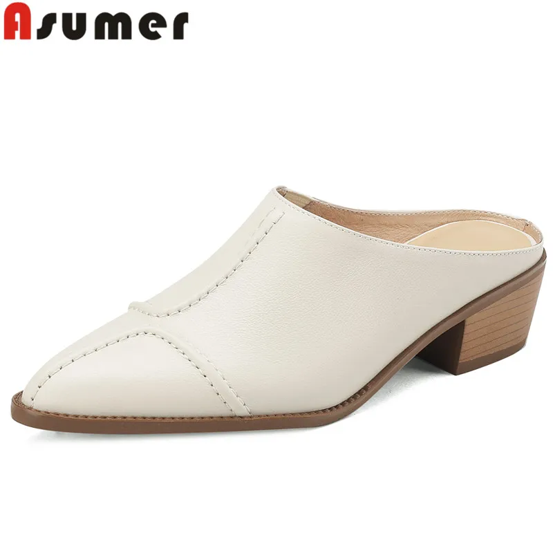 

ASUMER 2024 New Genuine Leather Mules Summer Shoes Vintage Ladies Dress Slippers Pointed Toe Square Med Heels Slippers