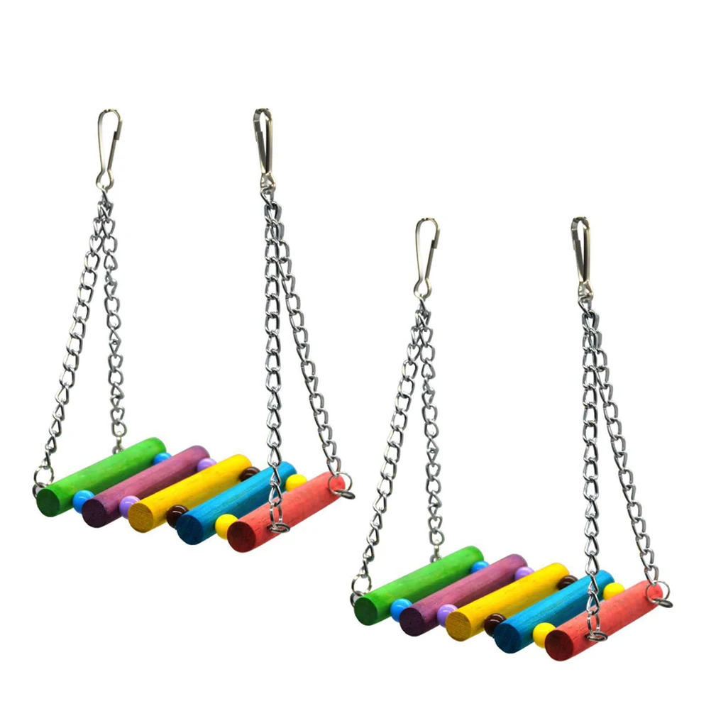 

2Pcs Wooden Swing Hanging Bridge Bird Toys Durable Safe Parrot Chewing Adventure Exploring Colorful Beads Bell Design Small