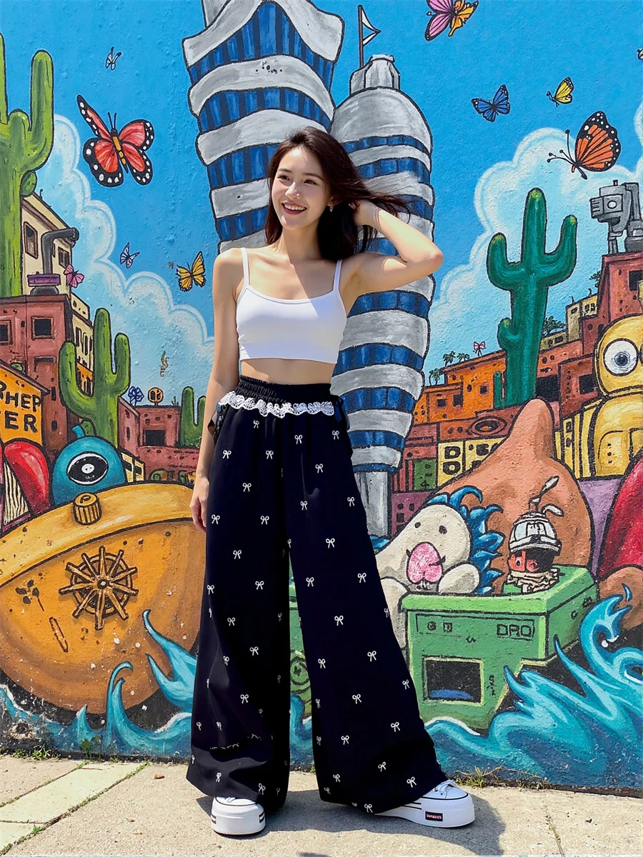 กางเกงขายาวทรงพาลาซโซผู้หญิงแบบผูกเชือก ทรงหลวม สไตล์ฤดูใบไม้ร่วง เอวสูง ทรงเข้ารูป ยืดหยุ่น เซ็กซี่ เหมาะสำหรับงานปาร์ตี้กลางคืน สีดำเงา