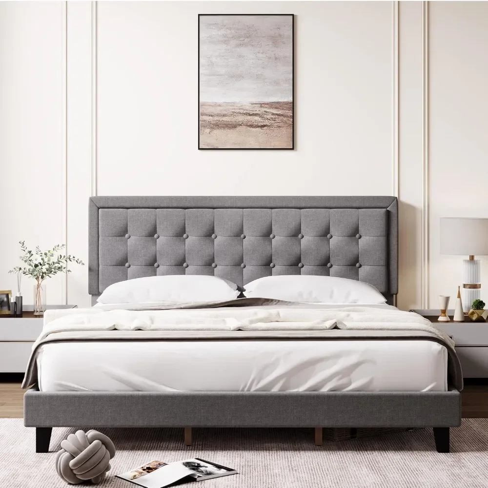 King Size Platform Bed Frame with Upholstered Button Tufted Headboard, Metal Foundation with Wood Slats Support