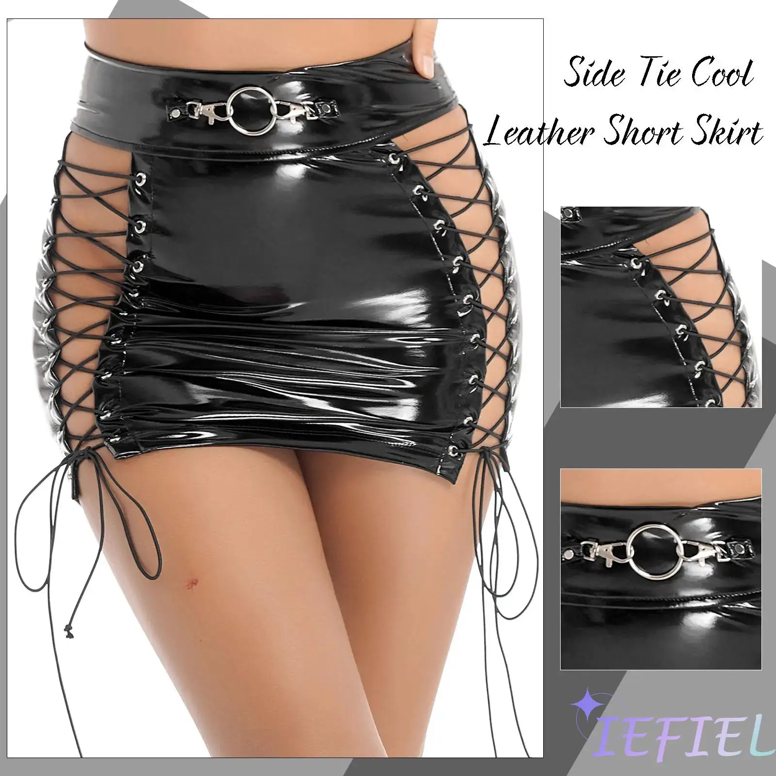 

Women PVC Shiny Leather High Waist Zipper Back Side Hollow Out Lace-up Mini Bodycon Skirt Bandage Tights Clubwear Pole Dancing