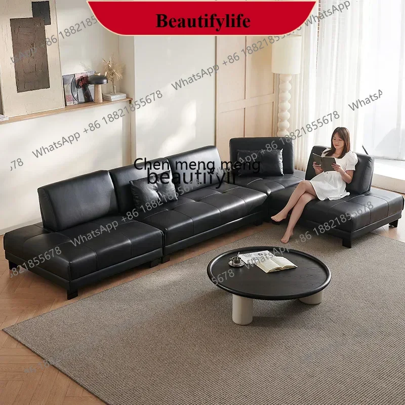 

D178 H French leather sofa retro minimalist adjustable backrest large sitting deep armrest leather sofa