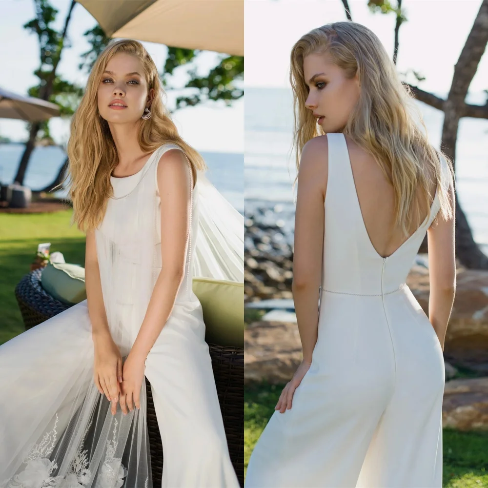 

Customized Temperament White Satin Wedding Dress High Quality Square Collar Cap Sleeve Sleeveless Chapel Train Bridal Gowns