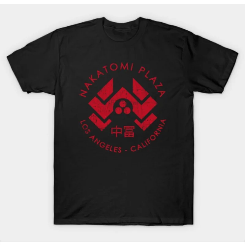 

US-Japan Fusion Graphic Tee, Geometric Nakatomi Tower Design in Crimson, Statement Black Top for Streetwear Fashionable
