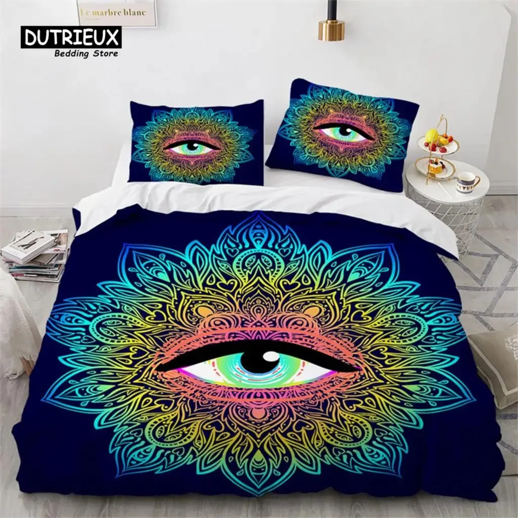 3D Colorful Eyes Duvet Cover Microfiber Vintage All Seeing Eye Tattoo Quilt Cover Boho Mandala Bedding Set Full Single King Size