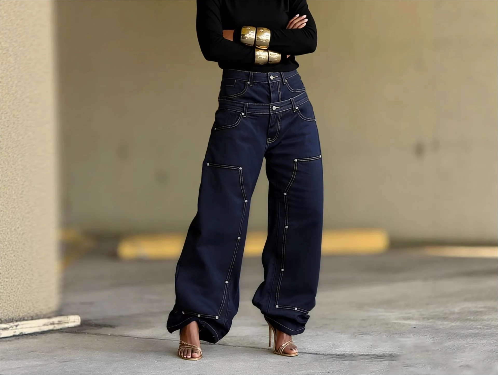 2026 Summer New Casual Fashion Design Double Waist Stud Splicing Jeans