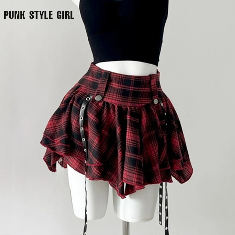 

2000s Y2k Plaid Print Mini Skirts Irregular Pleated A Line Gothic Harajuku Rock Punk Skirt Subcultures Red Preppy Style Skater