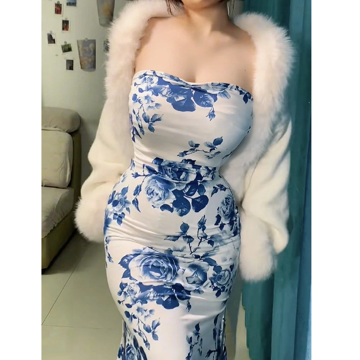 Elegant Slim Fit Print Base Dress Vacation Peony Flower Chinese Style Blue And White Porcelain  Women's Summer Dress
