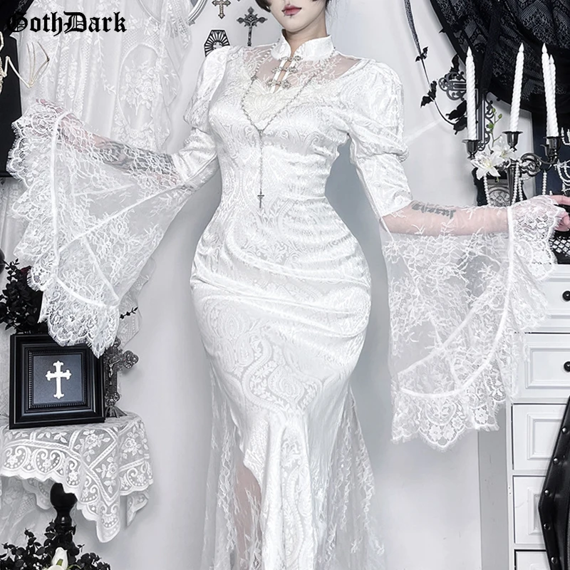 

Goth Dark Lace Hem Flared Sleeve White Maxi Dress for Women Mall Goth Outfits Jacquard Cheongsam Dresses Subculture Clothes