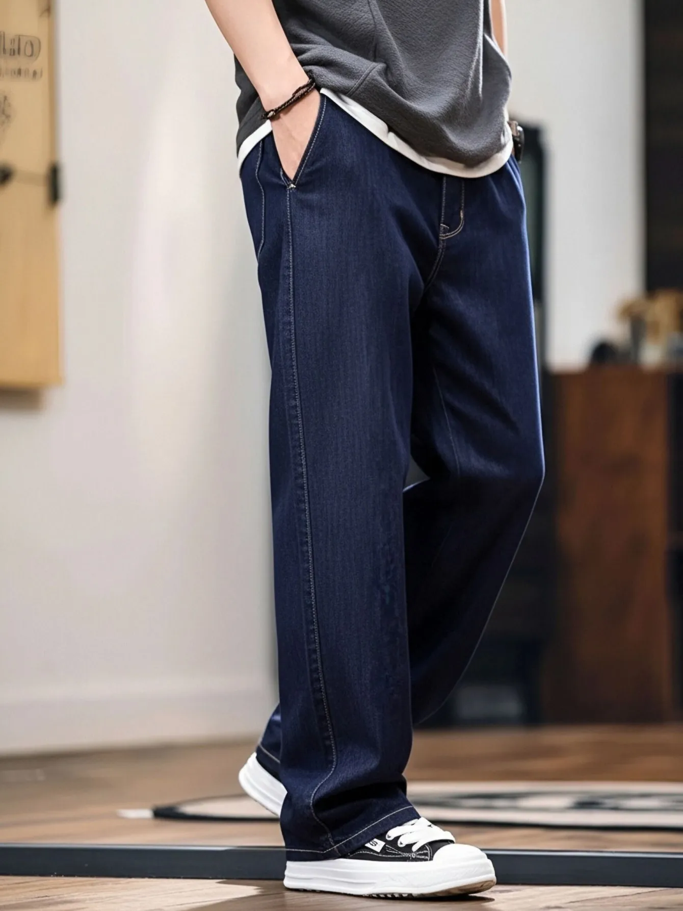 【HME】Men's Jeans | Wide‑Leg Straight Fit Denim Pants For Men, Original Deep Blue Contrast Seam Denim Trousers, Loose Comfort Casual Pants, Classic 5‑Pocket Denim Bottoms, Ideal For Daily Leisure Street Going‑Out Men Matched With Sneakers