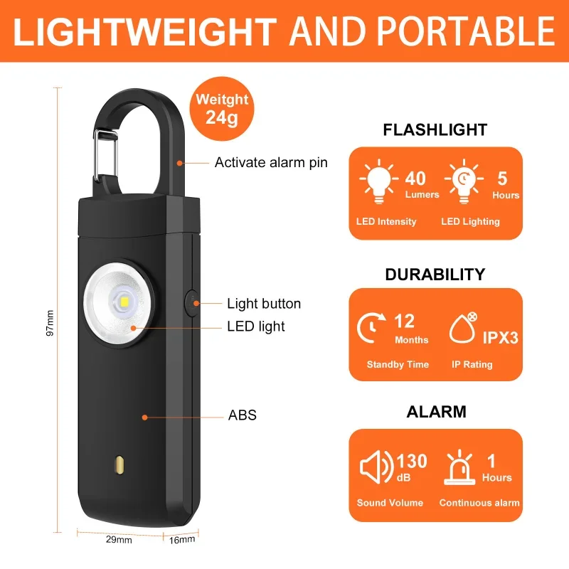 Self Defense LED Flashlight USB Rechargeable Keychain Light with Safety Alarm Protective Supplies Women Outdoor Emergency Tool