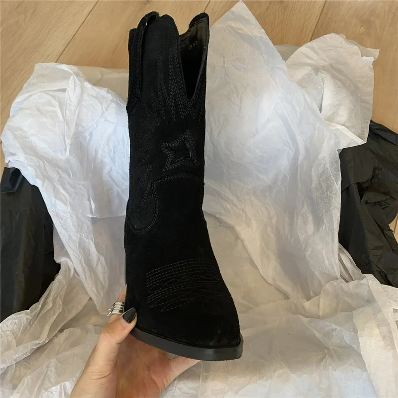 2023 Natural Embroidered Women Boots Leather Handmade Pointed Toe Spike Heel Autumn Winter Boots Cowboy New Western Retro Botas
