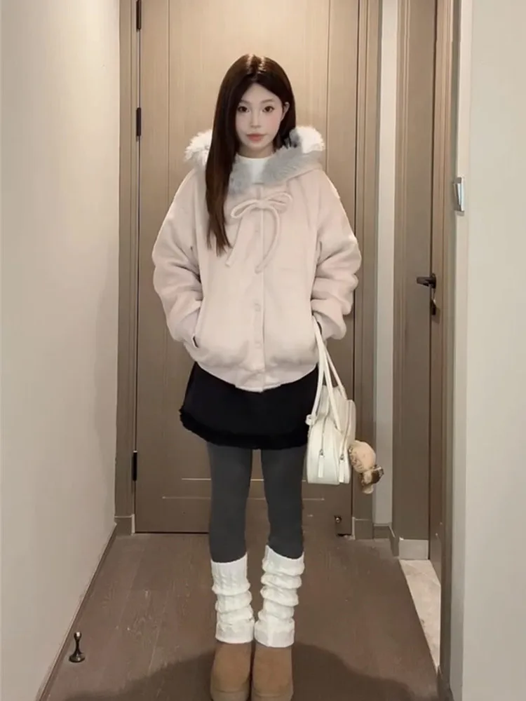 Sweet Sle Women's Baseball Jaet with Fur Collar Bow Tie Hooded Coat Korean High-End Feel Autumn Winter New Arrival