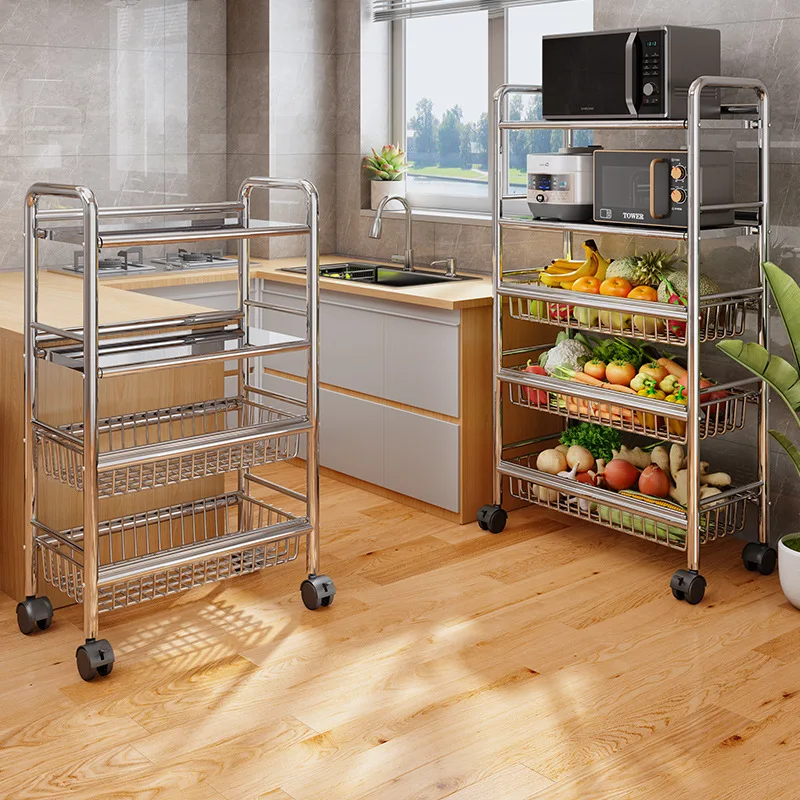 

304 stainless steel kitchen vegetable rack floor-to-ceiling multi-layer mobile fruit and vegetable basket storage