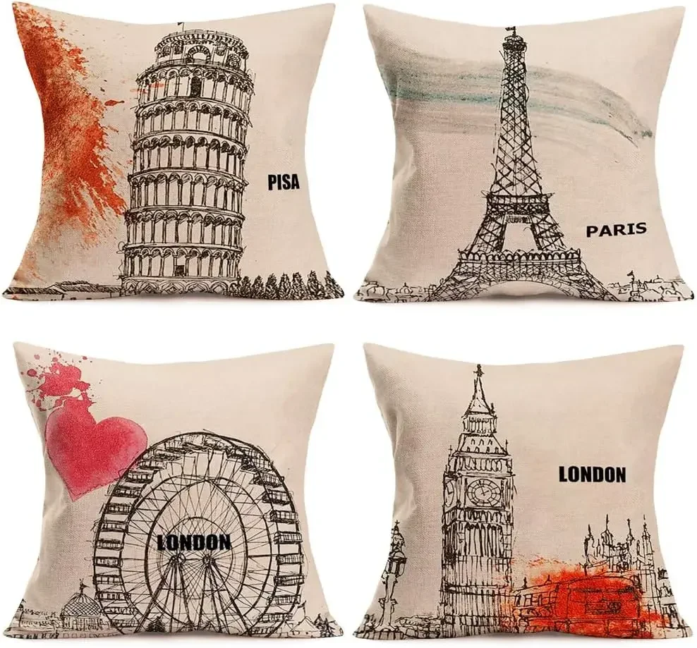 Travel Scenery Famous City Architecture Decorative Pillowcase Black Painting Throw Pillow Cover Cushion Cover