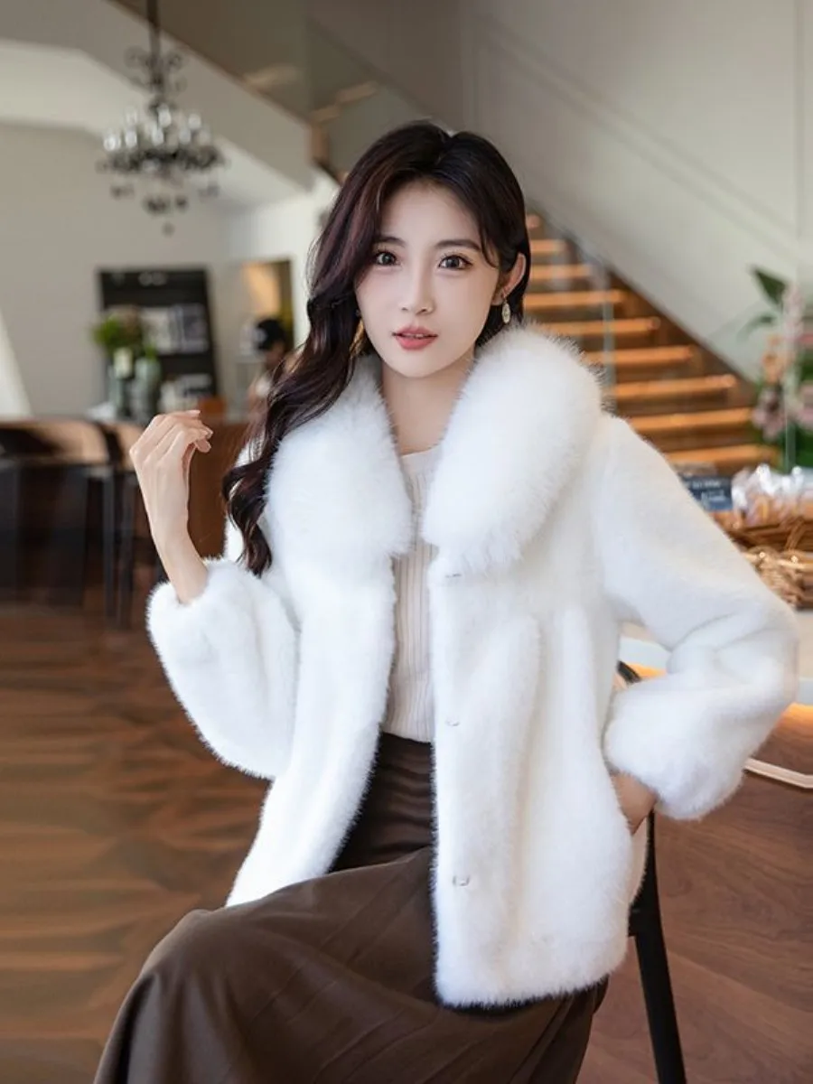 

New Fashionable High-End Women's Jacket Faux Fur Mink Gold Large Fur Collar Versatile Outerwear for Middle-Aged And Elderly