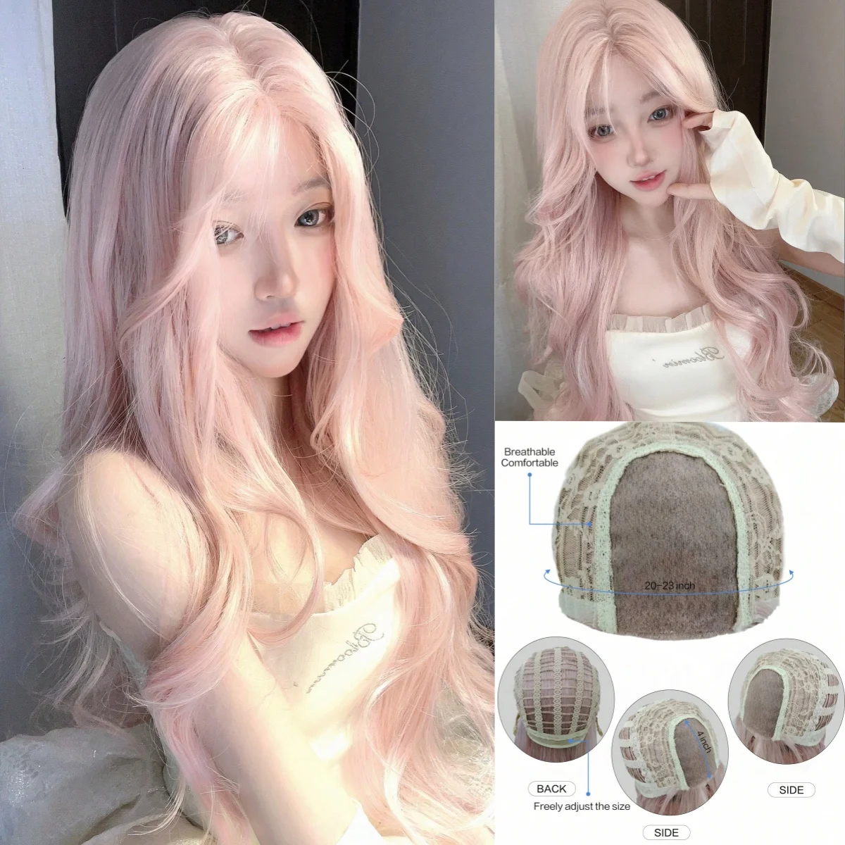 

Pink Wig Anterior Forehead Lace Long Wavy Wigs Hair Center Split Wigs Cosplay 30 Inch Woven Daily Natural Smooth Wig