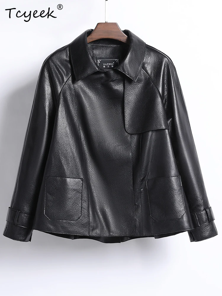 Tcyeek Sheepskin Genuine Leather Jacket Plus Size Spring Autumn Lapel Shoulder Length Long Sleeved Leather Jacket Chaqueta Cuero