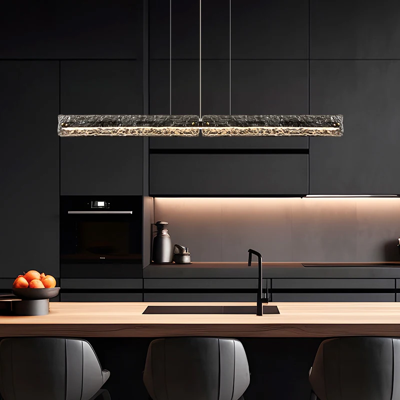 All-copper light luxury restaurant chandelier simple creative design high-end bar island table one-word long glass chandelier