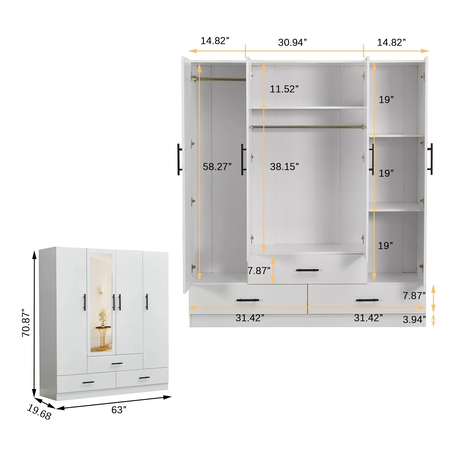 Modern standing White 4 Door Wardrobe Armoire Closet with Full Length Mirror Hanging Rods and 3 Drawerspromote sales