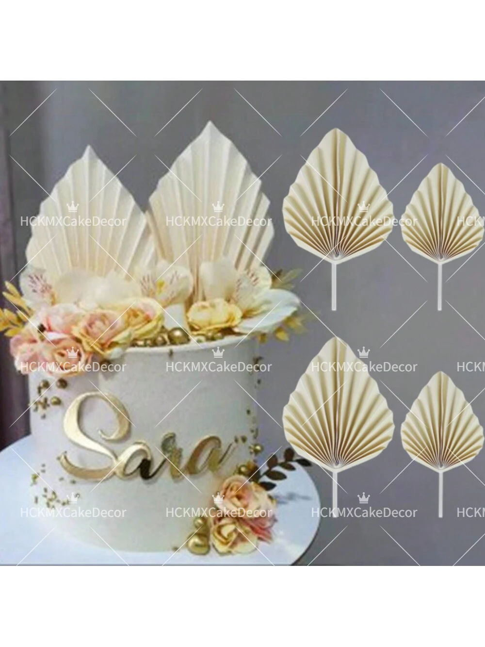 4 Stück Boho Kuchendekorationen Palmblatt-Fächer Kuchendekoration Gold Elfenbein Papierfächer für Hochzeit Geburtstag Party Zubehör – Detail 1