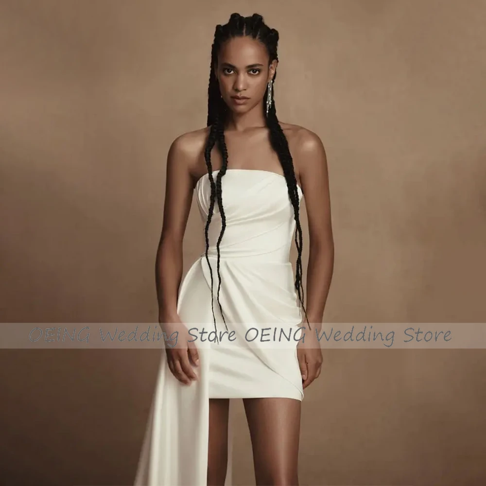 Mini Wedding Dresses for Women 2023 Bride White Sheath/Column Wedding Gowns with Side Draped Train Strapless Short Bridal Dress