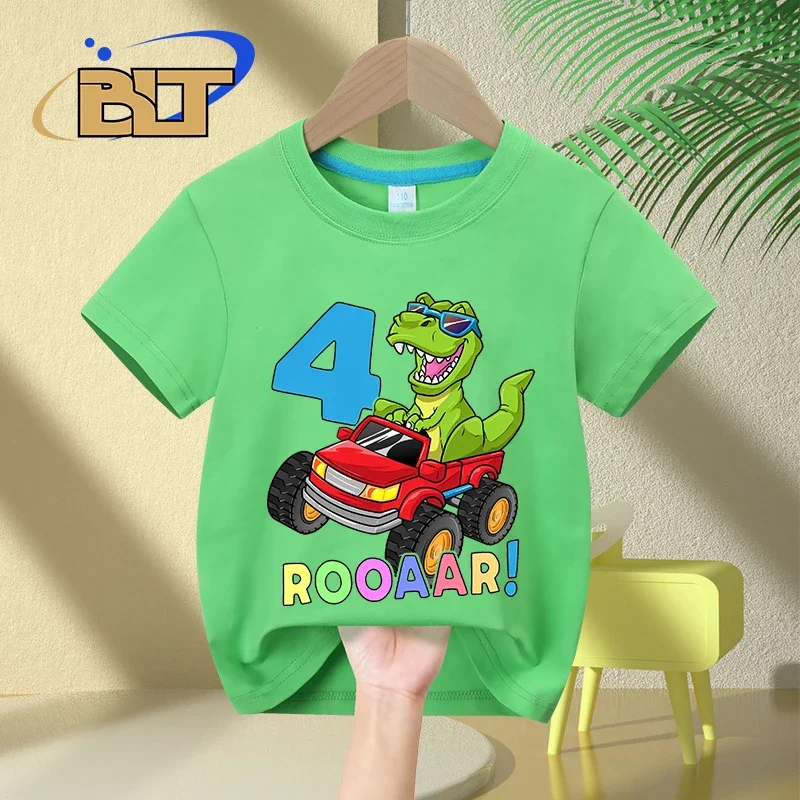 Детская футболка на день рождения с изображением 4-летнего динозавра грузовика летняя детская хлопковая футболка с короткими рукавами Сюрприз подарок