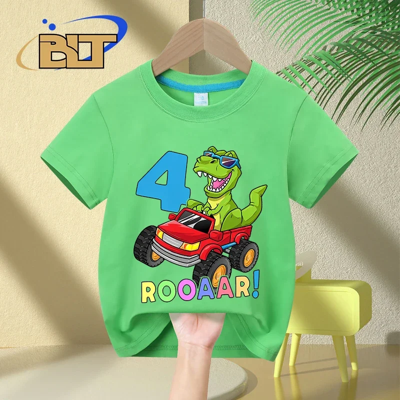 Camiseta de cumpleaños con estampado de camión de dinosaurio para niños, camiseta de manga corta de algodón para niños de 4 años, regalo sorpresa de verano