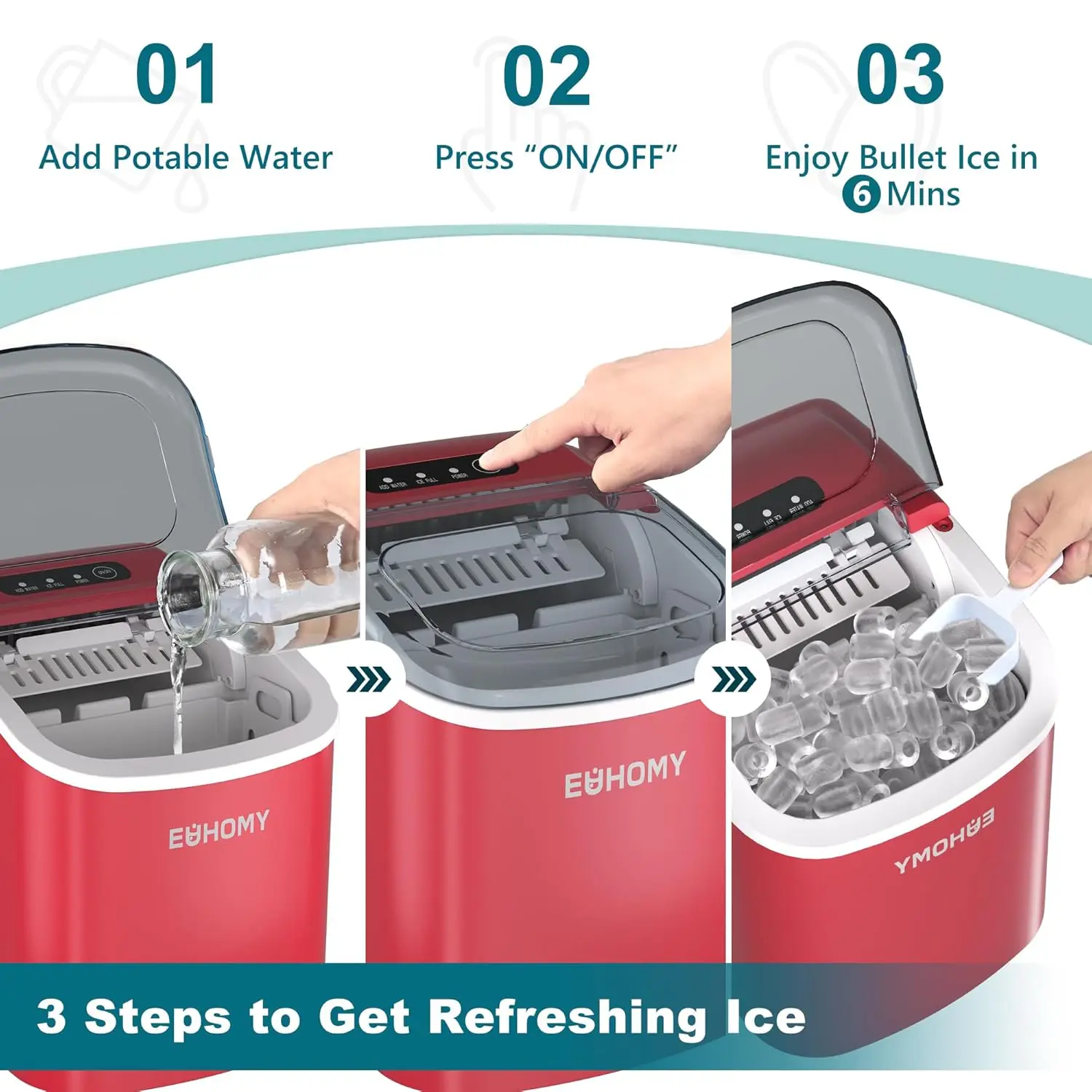 Auto-limpeza máquina de gelo portátil com alça, Ice Maker bancada, 9 Cubos de Gelo Pronto em 6 Mins, 26lbs em 24Hrs