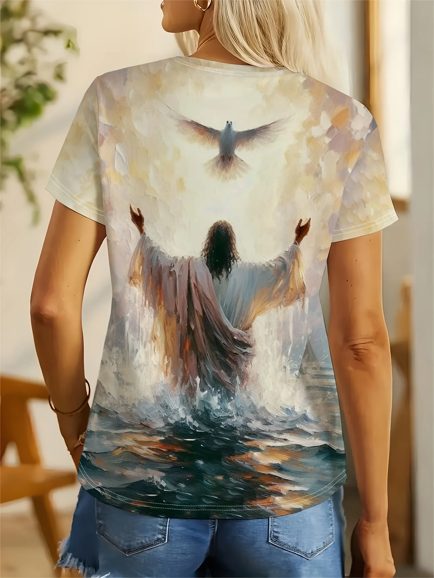 Women Short Sleeve T‑Shirt Vintage Oil Painting Style Dove Figure Print Crew Neck Loose Casual Faith Inspired Summer Tops