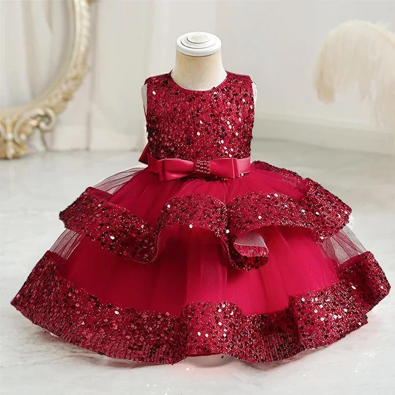 

Sequin Girls Dresses for Birthday Wedding 1-5 Yrs Sleeveless Toddler Kids 1st Baptism Tutu Gown Red Christmas Dress for Girls