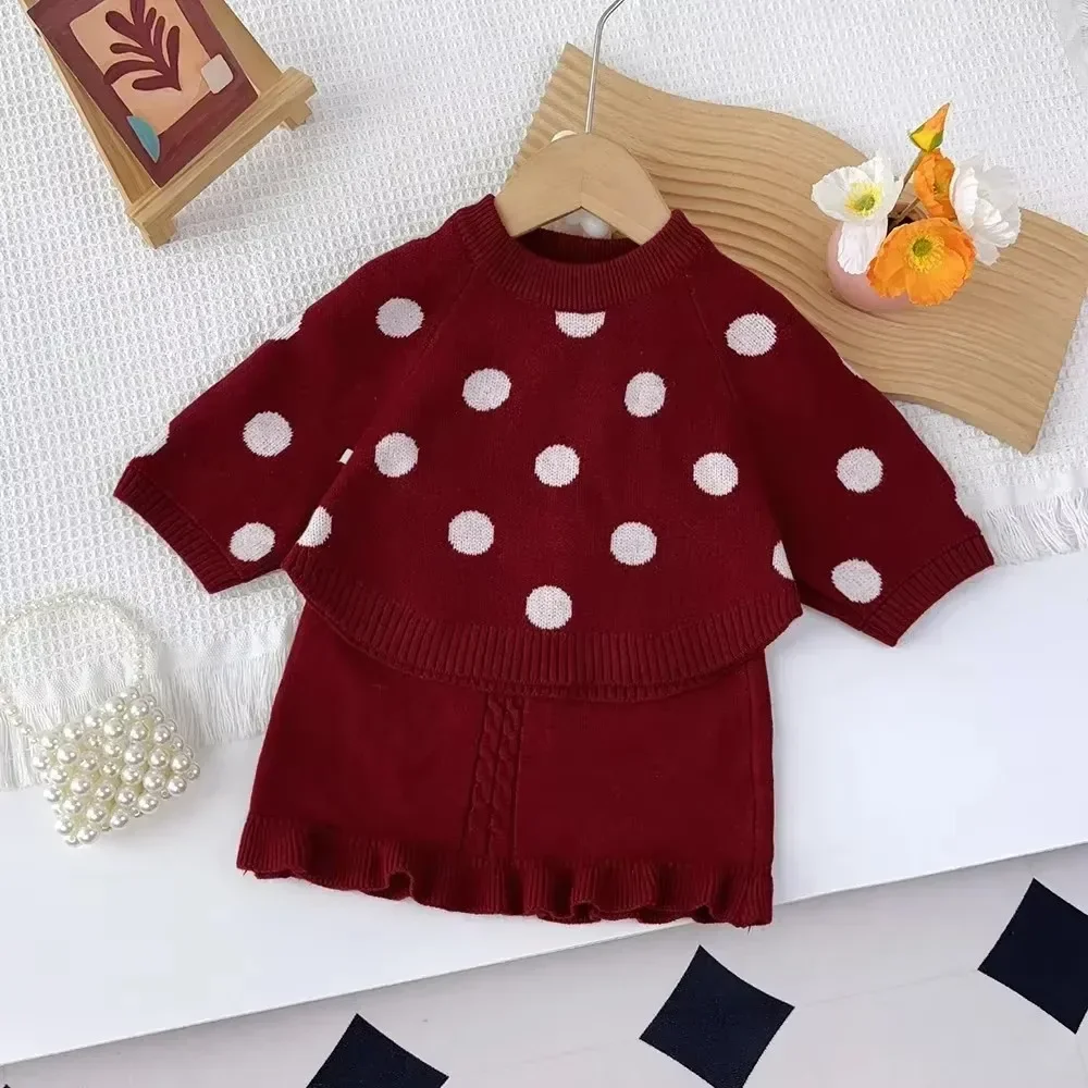 Korean Version Simple Kids Clothes Girls Cute Polka Dot Printed Top + Skirt 2-piece Set Autumn and Winter Fashion Sweater Sets