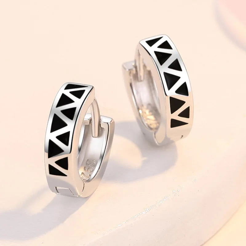 New Retro Geometric Triangle Lattice Temperament Ear Buckle Jewelry 925 Sterling Silver Earrings For Women Valentine\'s Day Gifts