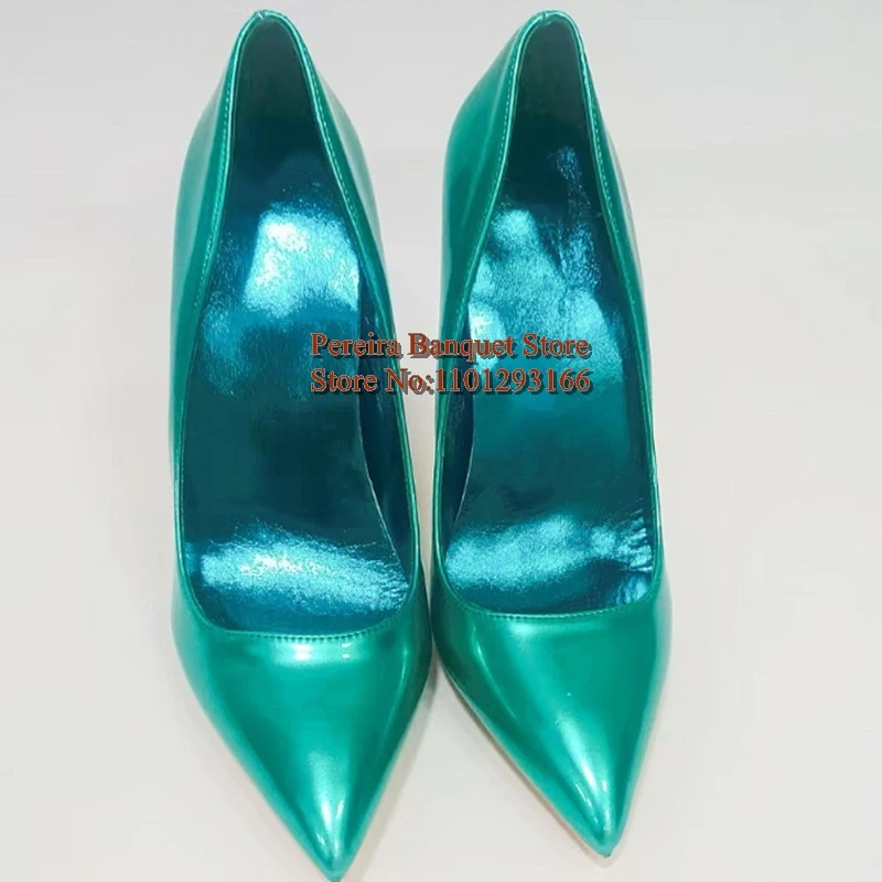 الأخضر لامع الجلود كعب مضخات الأحذية أشار تو الانزلاق على 12 سنتيمتر 10 سنتيمتر 8 سنتيمتر الضحلة فستان أحذية حجم 45 #3