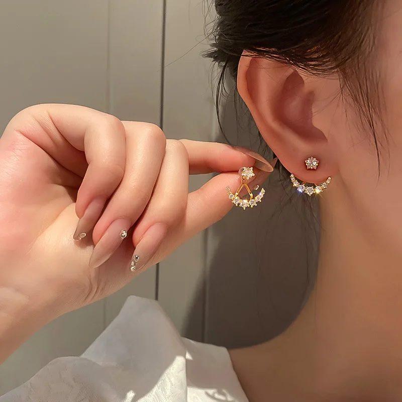 Fashion Zircon Star Moon Earrings for Women Two Ways To Wear Rhinestone Earrings Girls Jewelry