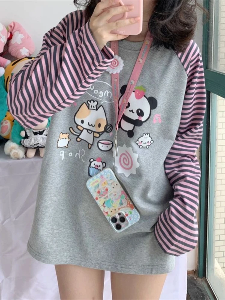 Y2k Harajuku Kawaii Striped T-shirts Women Japanese Fashion Patchwork Cartoon Print Tops Female Sweet Cat Design Casual Tees New