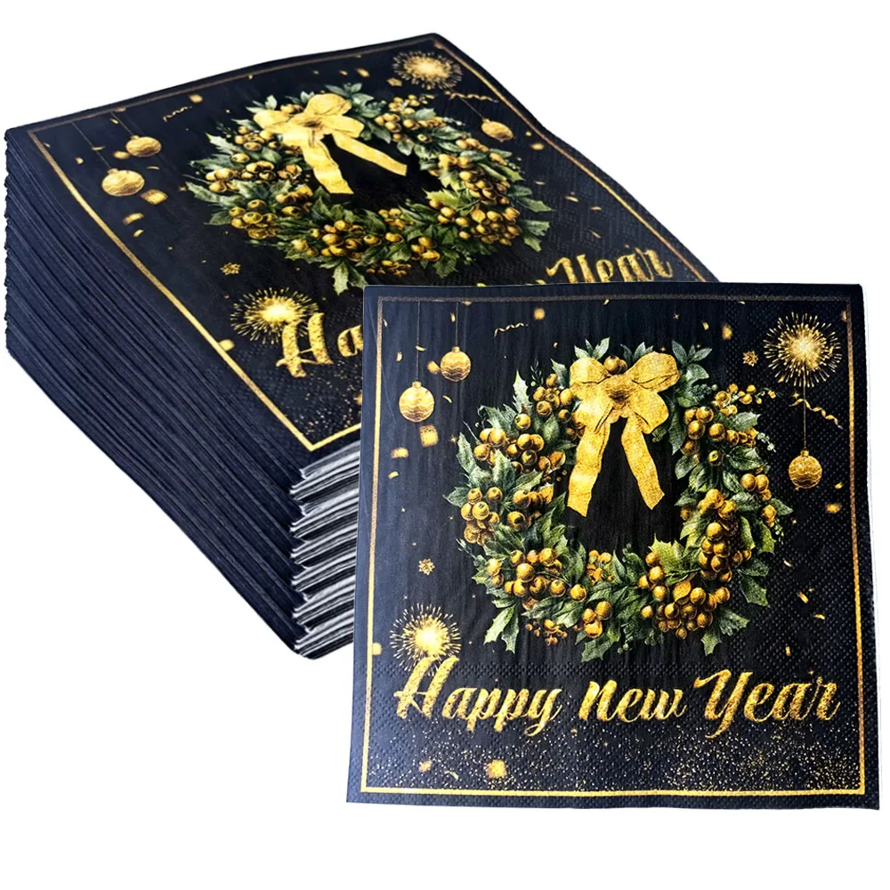 20/80/160pcs New Year Theme Disposable Paper Napkins Black Golden Happy New Year 2025 Party Decoration Supplies