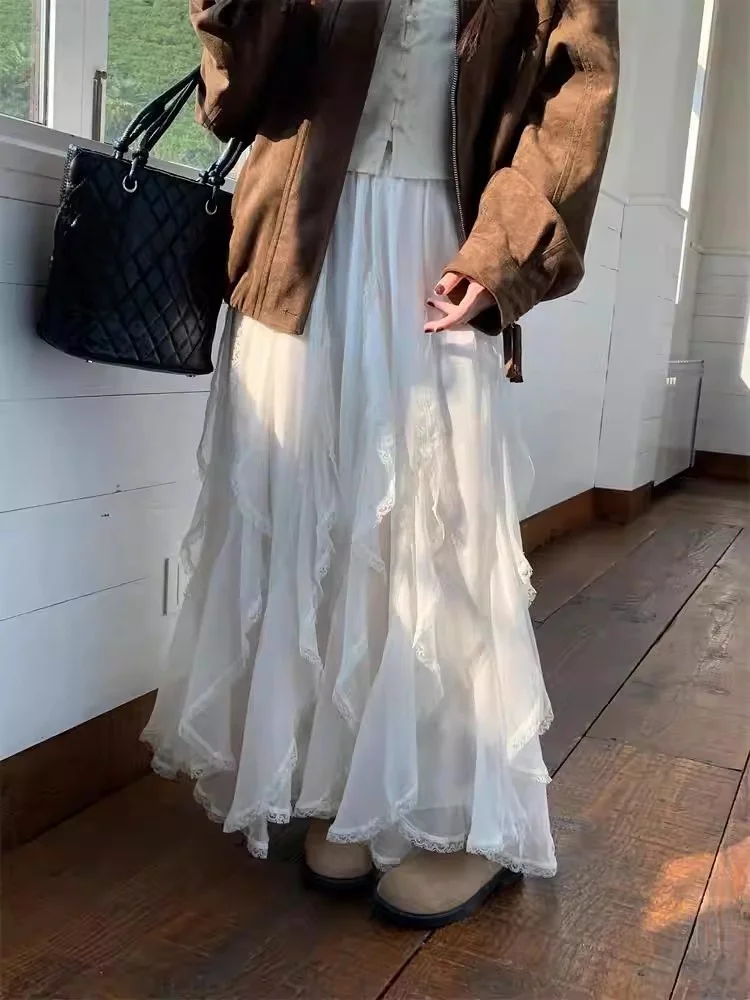 

Ele High Waist Asymmetrical Lace Trim Splice f Skirt Women's Fi Tail Drifting Long Skirt Korean Sle Breathable Ski...