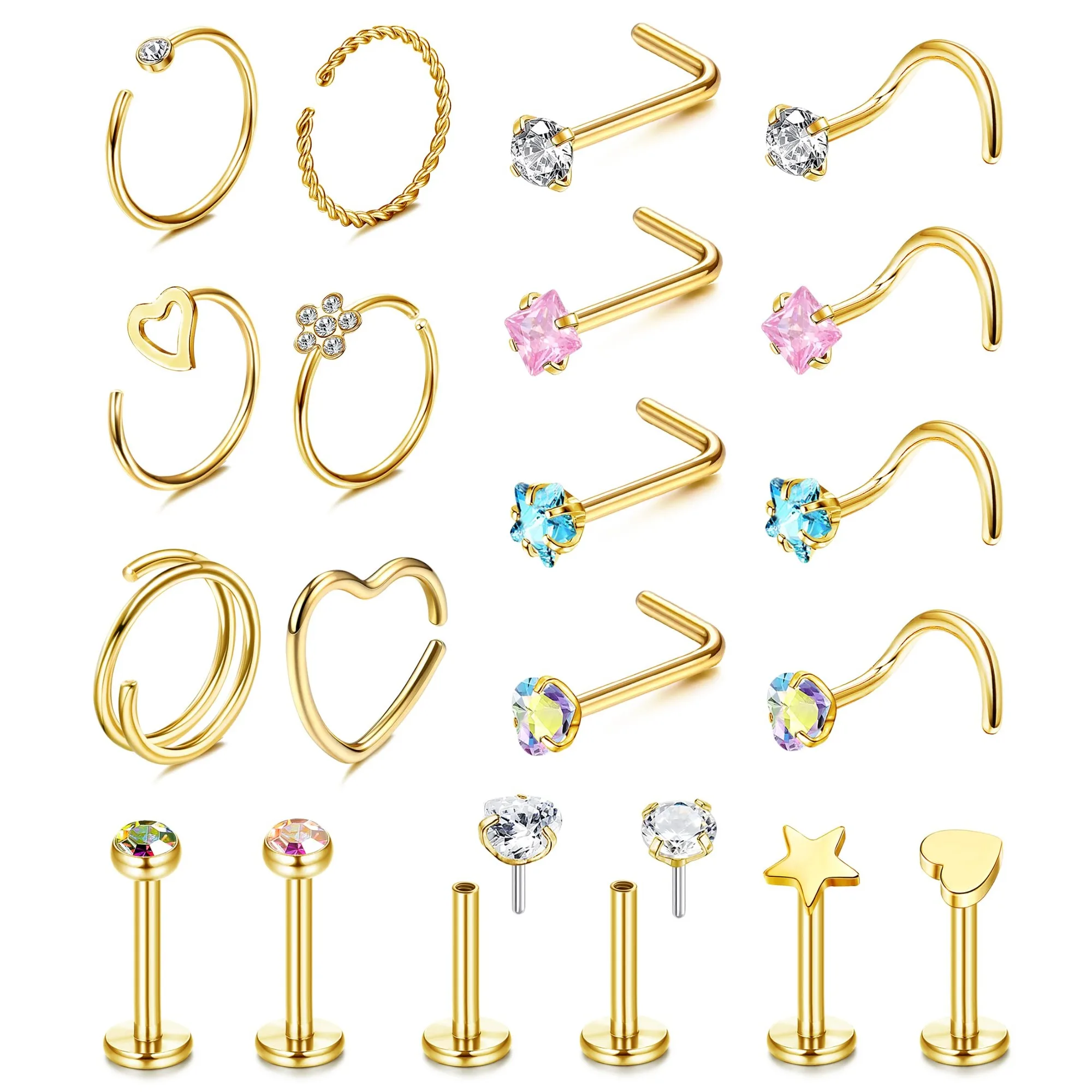 

20Pcs 20G Nose Stud Surgical Steel Nose Ring Hoop Multicolor CZ Heart Nose Piercings for Women Men Small Piercing Studs Jewelry