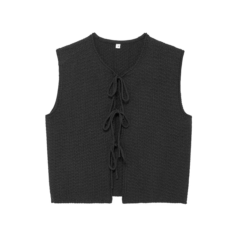 TRAF Knitted Sleeveless V Neck Vests For Women Fashion Bow Tied Vest Jacket Woman Waistcoat Summer Streetwear Female Outerwear