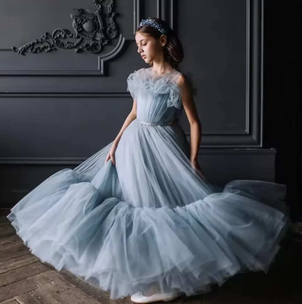 

Hot Sale Graceful Blue Girls A-line Tulle Long Evening Dress Classic Ruffles Pleat Sleeveless Princess Gown For Host Catwalk