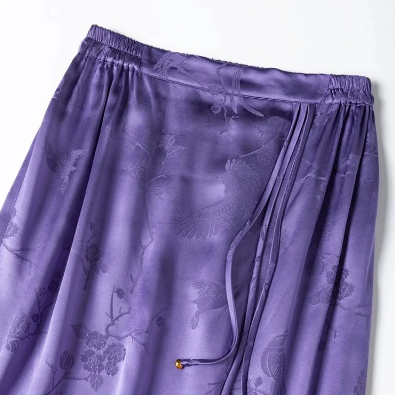 Birdtree, 40MM 100% Silk Skirt, Elastic Waist, Chinese Style, Women Jacquard Satin Skirts, Side Slit, 2026 Summer New D67104JF