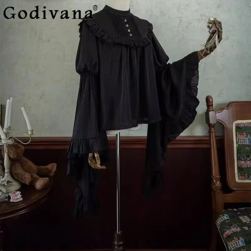 

2025 Lolita goth style long sleeve Ruffles flower shirt sweet cool nun flare sleeves cos comics crew neck black versatile top