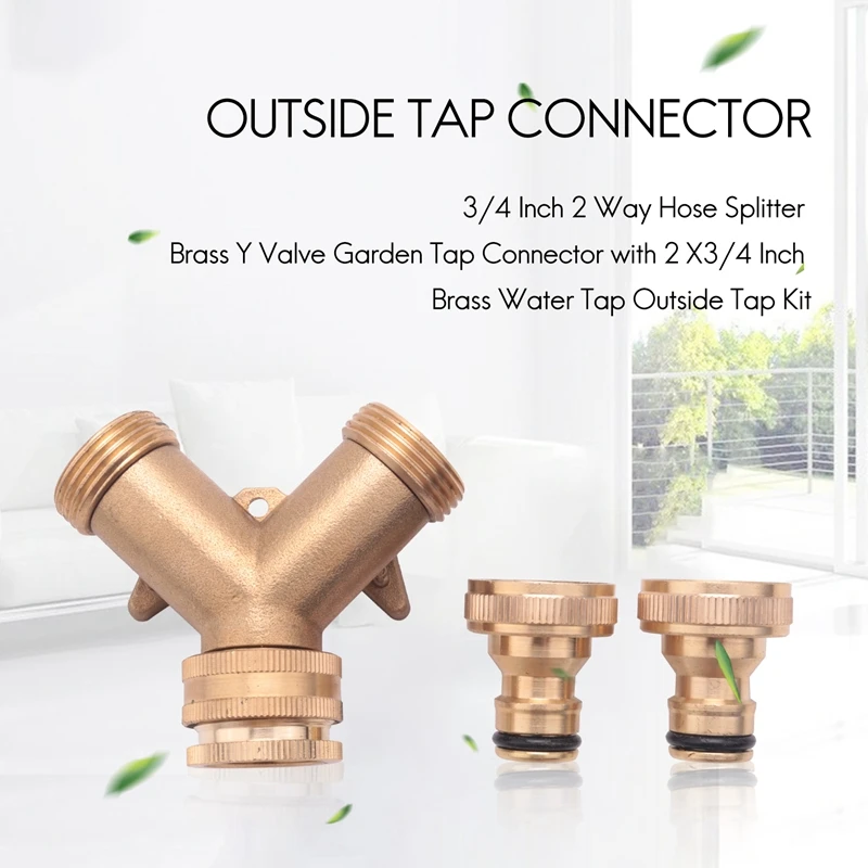 3/4 Inch 2 Way Hose Splitter Brass Y Valve Garden Tap Connector With 2 X3/4 Inch Brass Water Tap Outside Tap Kit