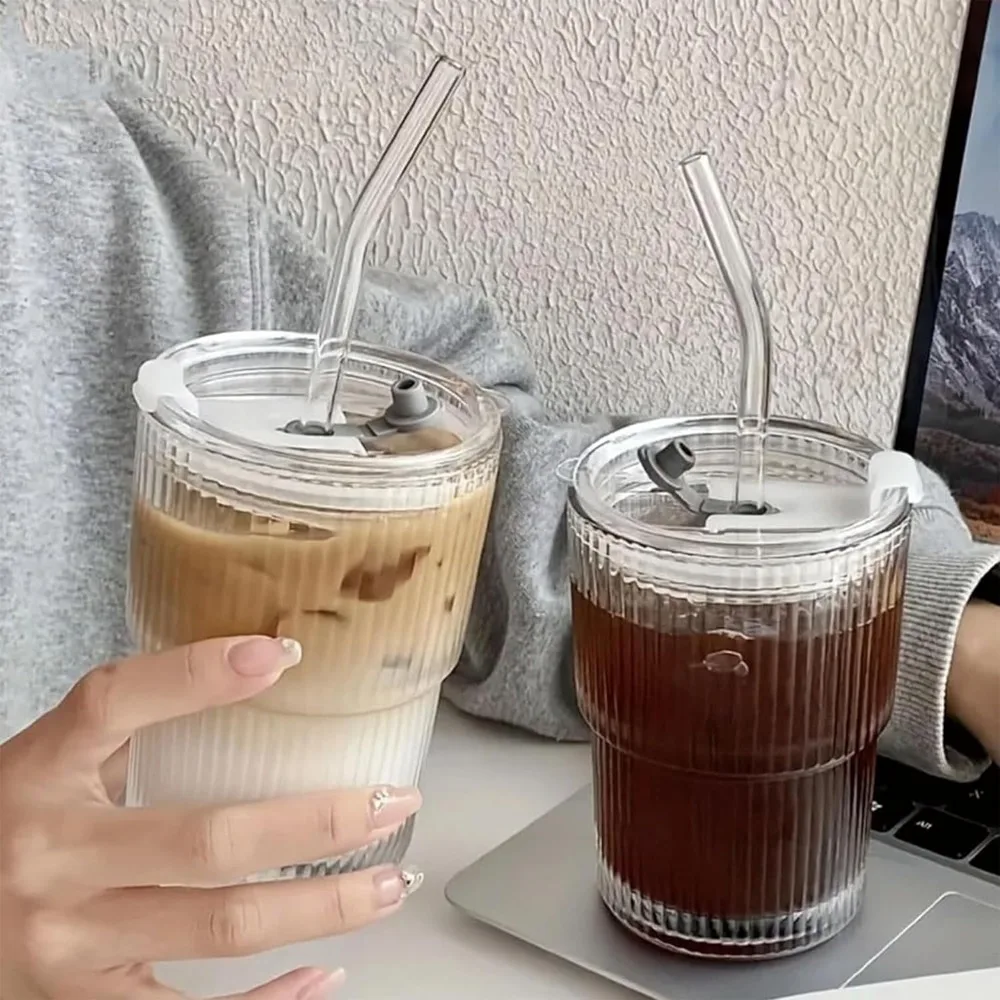 

Drinking Glass Cups With Lids And Straws Transparent Glasses Ice Coffee Mug Tea Cup Juice Glass Milk Water Cup for Home Office