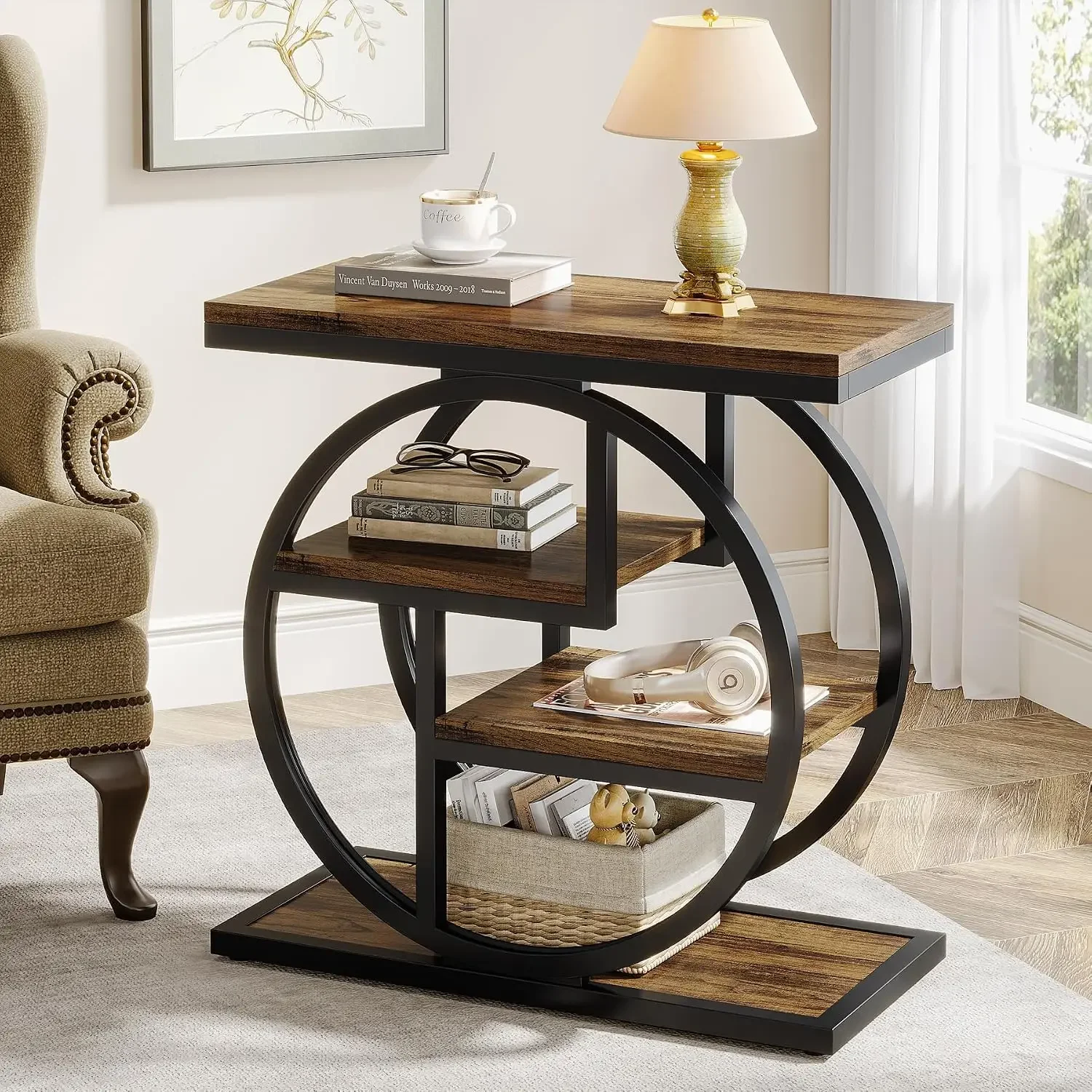 End Table for Living Room, 4-Tier Narrow Side Table with Storage Shelves, Industrial Bedside Table for Bedroom, Wood Small - view 2