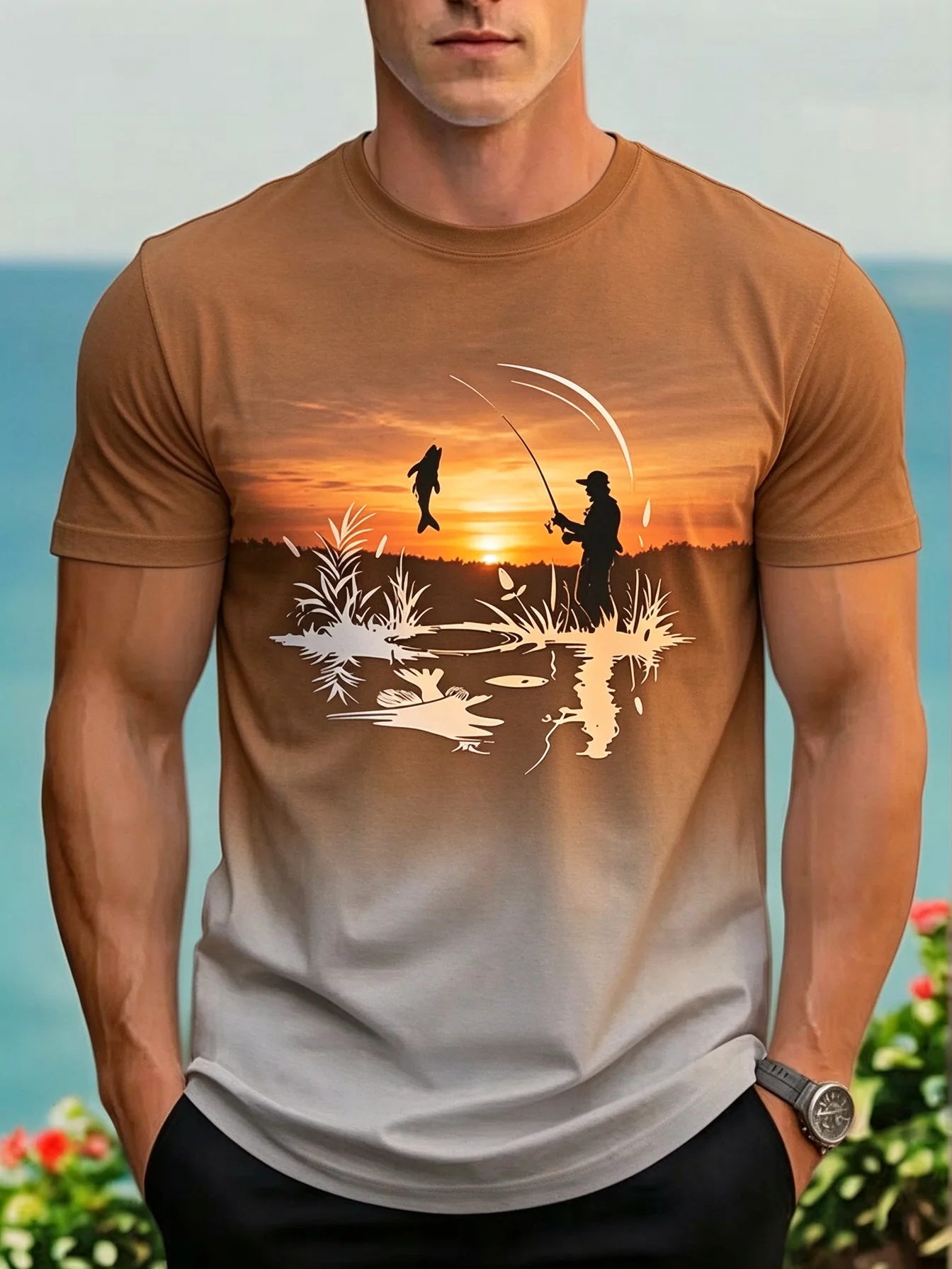 Men's Sunset Fishing Graphic T-Shirt, Fisherman Silhouette Lake Reflections Print Gradient Crew Neck Short Sleeve Casual Tee