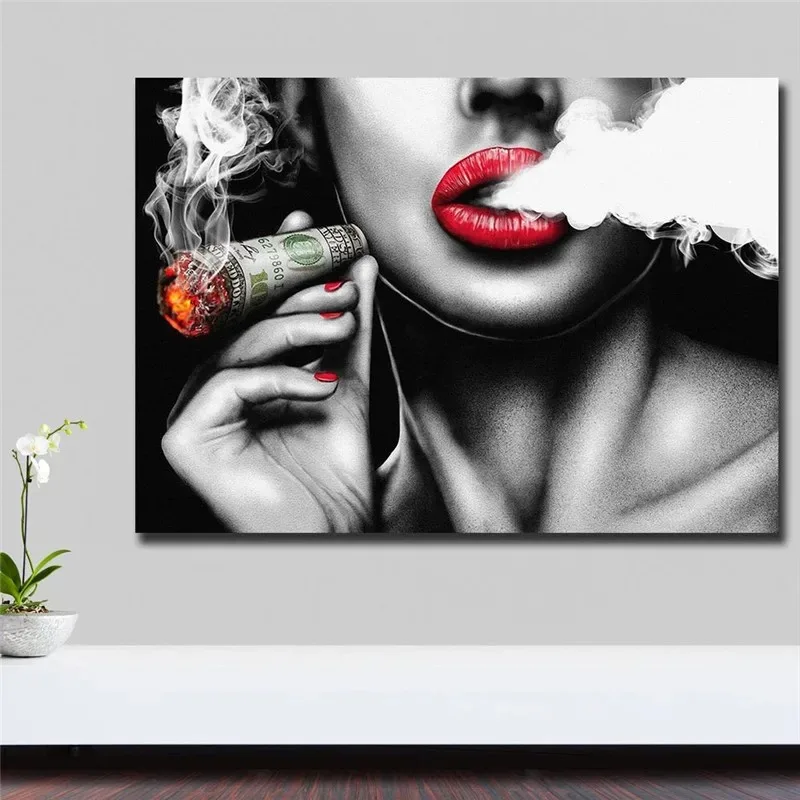 Unframed Red Lips Smoking Characters Vintage Walls Paintings Women Canvas Painting Home Decor Art for Living Room Bedroom Poster