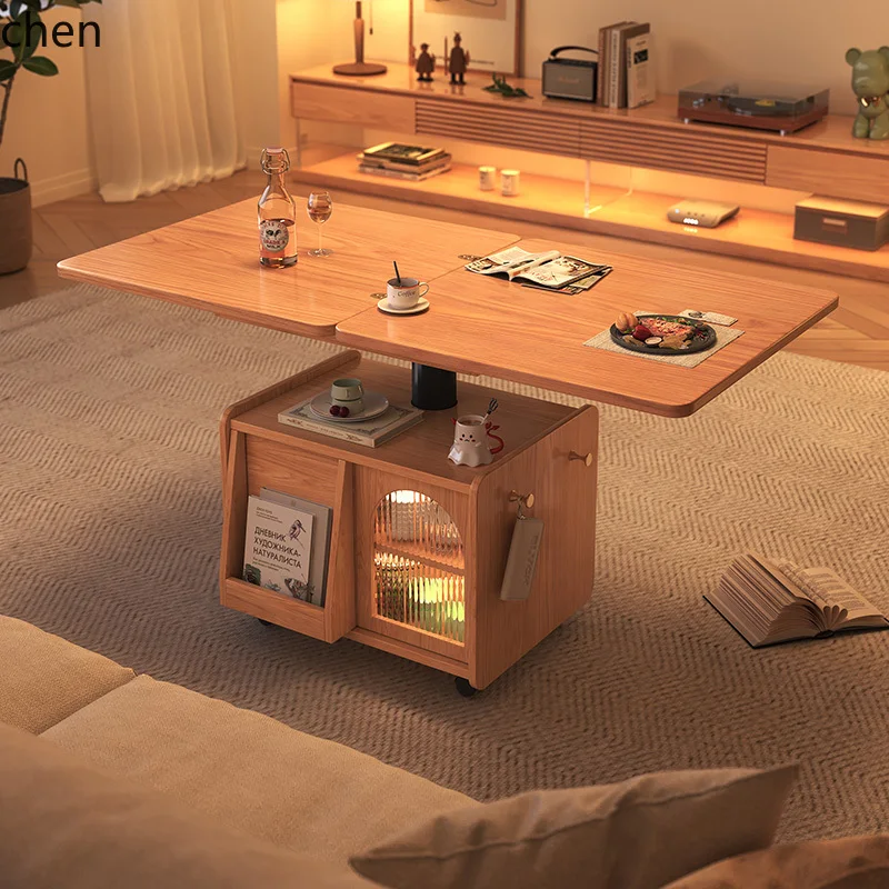 

QZT modern simple all solid wood movable coffee table can lift tea table dining table